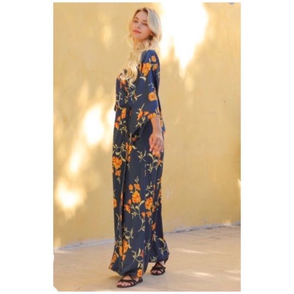 SOLD OUT CLEARANCE Navy Floral Kimono Tie Front Tassel Maxi Dress - Picture 6 of 7